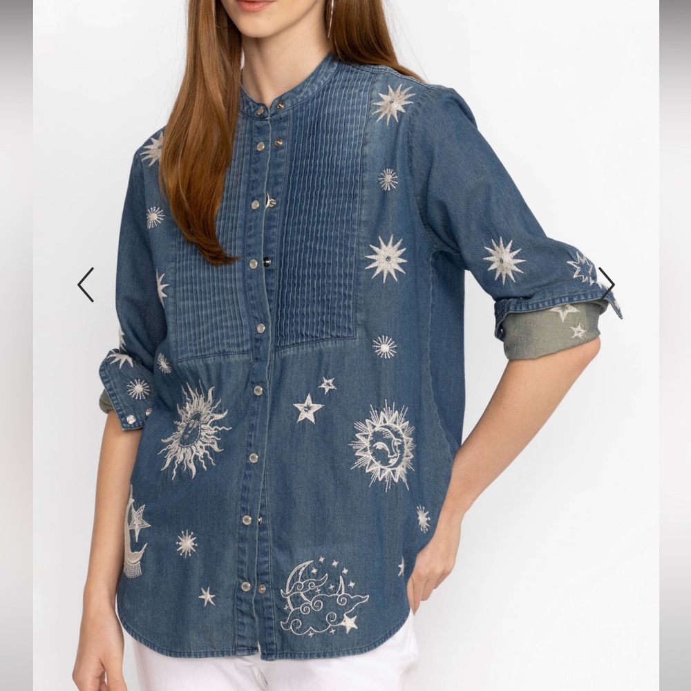 NWT Johnny Was Andromeda Tuxedo Embroidered Denim Button Down Shirt